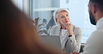 Woman, laptop and employees in office for discussion, mature manager and hr in workplace for company dispute. Conversation, tech and meeting minutes with people together, peace and calm for strategy