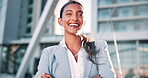 Portrait, Indian woman and happy with confidence in outdoor on career or job opportunity and growth as accountant. Female employee, smile and satisfied in New York downtown with pride or positive