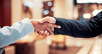 Man, woman and handshake in office for business partnership, deal or welcome to corporate career, hiring and recruitment. People, agreement and shaking hands for b2b contract, greeting and well done.