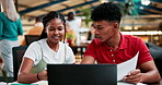 University, students and friends studying on laptop together for learning, education or knowledge. Teamwork, college and people at campus in discussion for test, exam or creative research paperwork