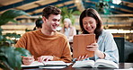 Students, ebook and discussion in cafe with happiness for university, elearning or teamwork for project. Man, woman and communication with tablet for college or research, education with technology