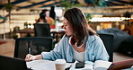 Library, university and girl with books for studying,  learning and reading in cafeteria. Academy, college student and woman with notes, textbooks and course work for knowledge, school and education