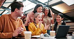 Happy, creative people and applause with laptop for good news, winning or team promotion at office. Young group of excited employees clapping in congratulations or celebration on computer for startup