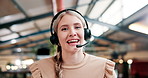 Happy woman, call center and consulting with headphones in video call for online advice, customer service or support at office. Portrait or POV of female person, consultant or agent for assistance