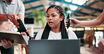 Black woman, stress and pressure with chaos or anxiety in depression, deadline or mental health at office. Tired African, female person or busy employee with workload, overwhelmed or colleagues