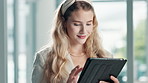 Face, corporate woman and tablet in office for reading news, business research and internet connection for info. Female employee, digital tech and web in workplace for social media and scroll on app