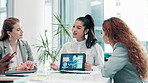 Teamwork, tablet for artificial intelligence presentation and business people in office boardroom together. Collaboration, future or training with tech and colleagues in workplace for development