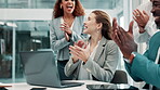 Applause, laptop and meeting with winner business people in boardroom of office for support or success. Collaboration, computer and motivation with colleague team in workplace for goals or target