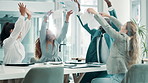 Applause, documents and throw with business people in boardroom of office together for success. Celebration, clapping and winner with happy employee team in workplace for deal, meeting or motivation