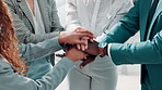 Teamwork, group and pile of hands with office, businesspeople and happiness with support. Team building, law firm and success for applause, help or mission for corporate attorney or legal consultant