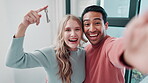 Couple, keys and selfie for new house with moving success, mortgage and celebration of real estate property together. Face of excited interracial man and woman in video call or vlogging lock to home