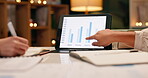 Business people, statistics and tablet with writing for planning financial report with growth chart. Hands, teamwork and paperwork with discussion on screen with data analytics for company investment