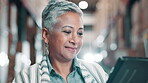 Mature woman, tablet and warehouse for logistics, checklist and ecommerce with wholesale supplier. Inspector, smile and digital app for online business, retail or freight distribution or shop control