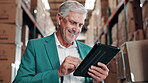Mature man, tablet and warehouse for logistics, checklist and ecommerce for wholesale supplier. Inspector, smile and digital app for online business, retail or freight distribution or quality control