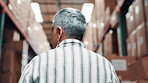 woman, walking and inspection in warehouse for logistics with boxes, corporate check for factory. Female manager, behind and movement for shipping at depot with leadership, industry with management