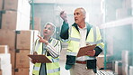 Shipping, manager and woman with clipboard in logistics warehouse, for stock inspection, check inventory or quality control. Freight, boxes and mature people for distribution, supply chain or export