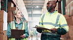 Shipping, man and woman with clipboard in logistics warehouse, for stock inspection, check inventory or quality control. Freight, boxes and colleagues talking for distribution, supply chain or export