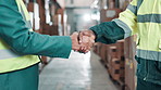 Closeup, handshake and people in warehouse, teamwork and logistics with cooperation, b2b deal and thank you. Welcome, business or coworkers with supply chain, greeting and onboarding with partnership