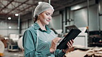 Woman, tablet and warehouse for freight, checklist and ecommerce with wholesale supplier. Inspector, hairnet and digital app for online business, retail or logistics distribution or quality control
