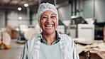 Mature, woman and portrait in warehouse with smile or laugh with boss or manager in hair net for hygiene. Manufacturing, factory and production with happy supervisor with cleanliness of business