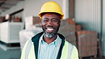 Happy, black man and warehouse manager with logistics for inventory, shipping or export and import business. Portrait of African, engineer or contractor with smile and hard hat in supply chain depot