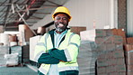 Happy, black man and manager with confidence in logistics for inventory, shipping or export and import business. Portrait of African engineer or contractor with smile and hard hat in supply chain