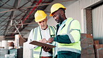 Logistics, manager and man with clipboard in warehouse for inventory, export or inspection for distribution. Industrial, mature person and colleague for supply chain, discussion or quality control 