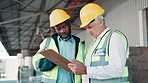 Shipping, manager and man with clipboard in warehouse for inventory, export or inspection for distribution. Logistics, mature person and colleague for supply chain, discussion or quality control 