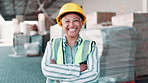 Logistics, warehouse and senior woman for portrait with confidence, dropshipping, helmet and online business. Mature female supplier, factory and distribution for retail, cargo and pride with safety