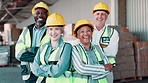 Happy people, team and industrial engineers with confidence in logistics for inventory, shipping or distribution business. Portrait of professional group in diversity with hard hat for supply chain