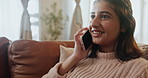 Happy woman, relax and sofa with phone call for communication, conversation or chat at home. Young Indian or female person with smile on mobile smartphone for friendly discussion on living room couch
