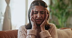 Frustrated woman, stress and mistake with headache in anxiety, depression or mental health on sofa at home. Upset female person with migraine in burnout, debt or financial crisis from bankruptcy