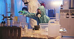 Scientist, man and flask with liquid on gas for danger in lab as experiment with nitrogen, chemicals and spray for research. Study, chemistry and glass container with fuel or water for biology test