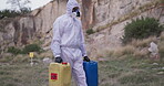 Science, hazard and person with ppe in nature for chemistry, experiment and investigation. Medical, safety and scientist with container in China for chemical development, acid solution or toxic waste