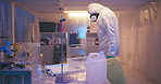 Underground chemist, suit and mask in lab for protection, chemical and plastic canisters. Medical, experiment and research with professional expert in ppe uniform, safety and carrying bottles