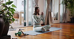 Yoga, meditation and Indian woman in home for wellness, healthy body and mindfulness on mat. Pilates, mental health and person with prayer hands for exercise, calm or spiritual mindset in living room