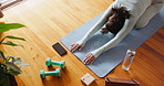 Tablet, online and woman in home with yoga, exercise and healthy stretching for holistic fitness. Above, workout and class on internet, website or app for wellness, self care routine or meditation