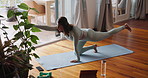 Yoga, stretching and woman in home for balance, healthy body and mindfulness with tablet. Morning, mental health and person in home for pilates exercise, mobility or wellness for calm in living room