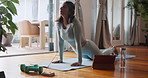 Woman, tablet and browse for yoga, tutorial and online video stream with smile. Influencer, social media and internet for fitness, pilates or workout research with exercise podcast at home or house