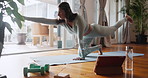 Yoga, stretching and woman with tablet for workout, healthy body and balance for online workout. Morning, mental health and person in home for pilates exercise, mobility and wellness in living room