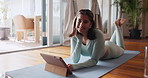 Woman, tablet and browse for fitness, podcast and online video stream with smile. Influencer, social media and internet for yoga, pilates or workout research with exercise tutorial at home or house
