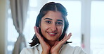 Skincare, face cream or woman in house with beauty results, cosmetics or eye product on vacation. Skin, hands or portrait of Indian girl in hotel for dermatology, glow or facial sunscreen application