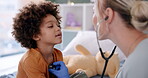 Doctor, kid and stethoscope with listen in hospital for examination, cardiology and consultation for health support. Pediatrician, boy and medical expert with tool for breathing assessment or checkup