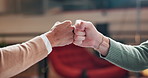 Friends, handshake and people fist bump in business with social connection and b2b networking. Coworking, collaboration and hands in meeting with synergy, solidarity and welcome greeting in team