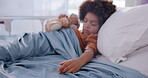 Hospital, sleeping and kid with teddy bear in bed for flu fatigue, pediatric recovery and treatment. Sick boy, little patient and relax with rest in clinic for calm, healthcare and rehabilitation