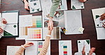 Meeting, handshake and above business people with contract agreement applause, deal or offer for renovation project. Creative, thank you and interior design team shaking hands for b2b negotiation