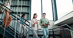 Business people, collaboration and stairs at a creative company agency with staff and walking. Communication, cooperation and workforce of public relations team at startup with project planning