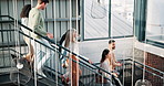 Business staff, office and stairs at a creative company agency with people and walking. Communication, cooperation and workforce of a public relations workplace at startup with worker collaboration