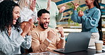 Teamwork, celebration and business people on laptop with success, victory and achievement. Creative startup, collaboration and men and women high five for good news, bonus and winning on computer