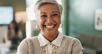 Face, mature woman and ceo with happiness of business success, mission and vision for company growth. Leadership, management or businesswoman in office, smile and pride for startup project in meeting